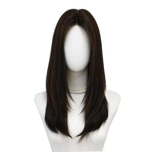 Miniatura 2 de Peluca de 22 pulgadas de largo y lacia con flequillo de cortina para mujer, cabello sintético negro, resistente al calor, para fiesta, cosplay, Té