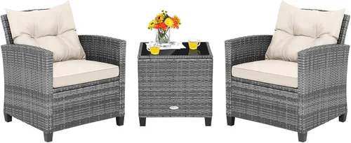 Miniatura 17 de Tangkula Juego de muebles de patio de 3 piezas, mimbre de ratán PE, juego de sofá de 3 piezas para exteriores con cojín lavable y superficie de mesa
