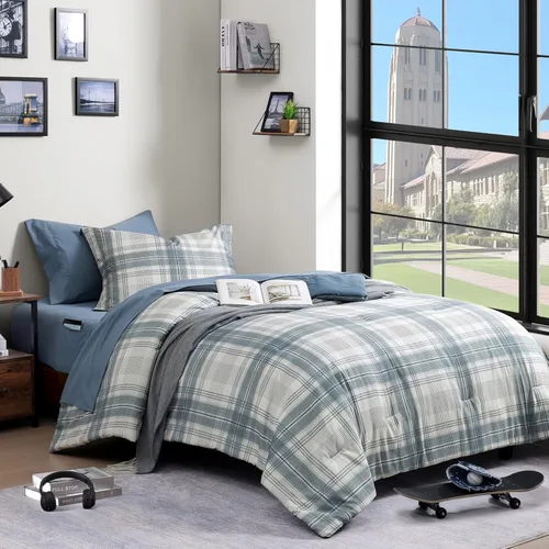 Miniatura 21 de AMBERSPACE Juego de edredón tamaño matrimonial, juego de ropa de cama a cuadros azul gris de 7 piezas para niños, niñas y adolescentes, juego