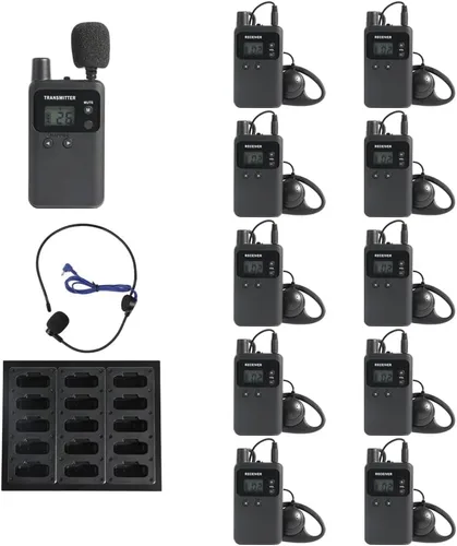 AGJ Sistema inalámbrico de guía turístico, micrófono de guía turístico, auriculares de guía turístico, 1 transmisor, 10 receptores, 1 cargador de