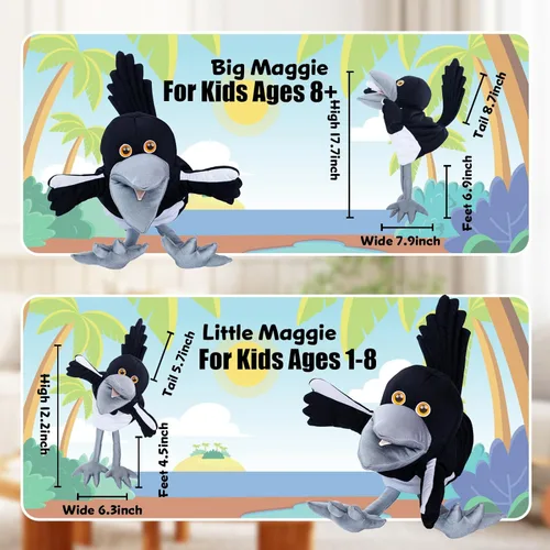Miniatura 3 de Steve and Maggie Juguete de peluche – Marioneta de mano de Maggie Urraca para niños mayores de 1 año, marioneta de pájaro suave para juego