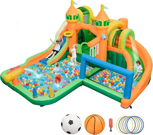 Miniatura 10 de BOUNTECH Tobogán acuático inflable, parque acuático para niños, castillo de salto de fútbol acuático con cañones dobles, piscina de salpicaduras