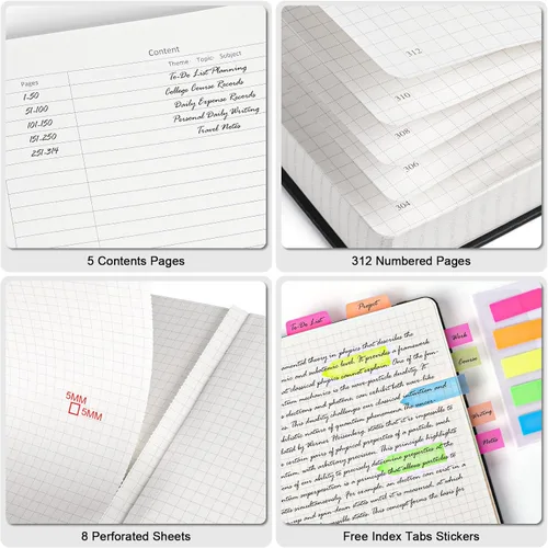 Miniatura 3 de Cuaderno de papel cuadriculado, 312 páginas numeradas A5 de tapa dura de cuero, cuaderno de papel cuadriculado de 100gsm sin sangría con páginas