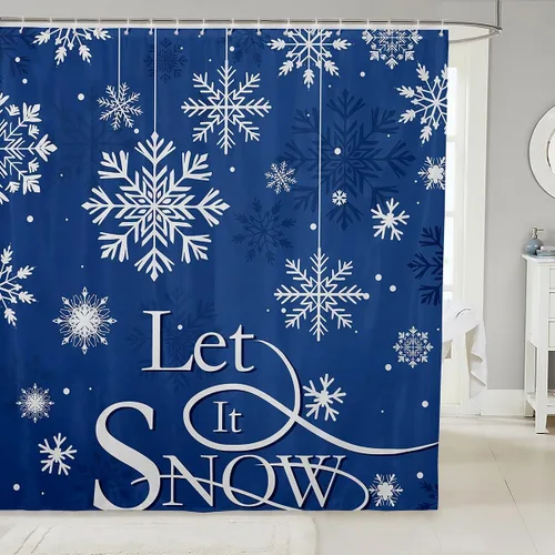 Miniatura 27 de Homewish Cortina de ducha de árbol de Navidad, juego de cortina de ducha de baño con diseño de copo de nieve dorado para niños y adultos, cortina