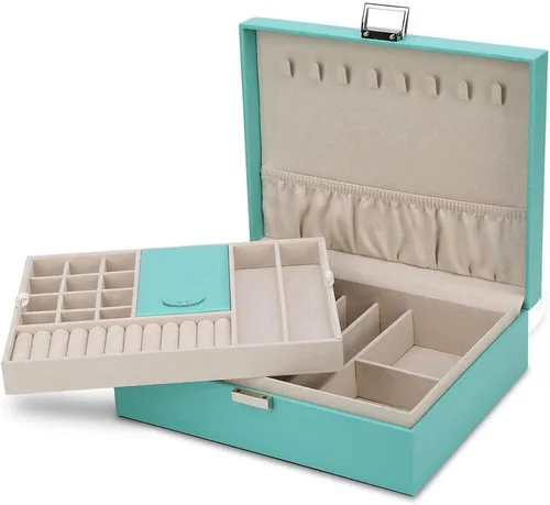 Joyero, organizador de joyas de doble capa, organizador de almacenamiento de joyas de viaje para mujeres y niñas, regalo verde