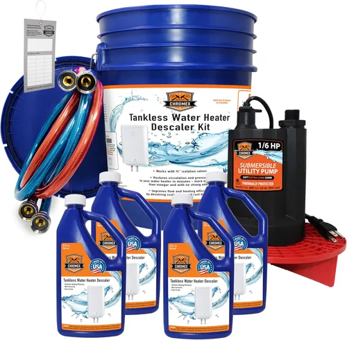 Miniatura 11 de Chromex Kit de descarga de calentador de agua sin tanque con solución de descalcificación líquida certificada y mangueras de entrada de ángulo recto