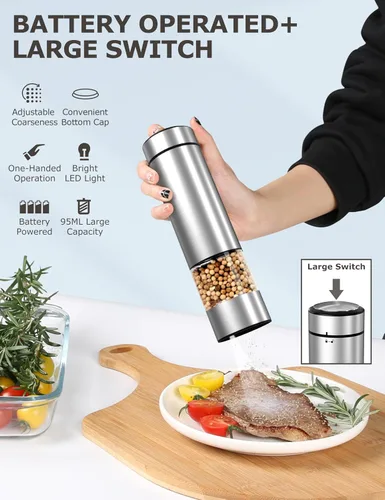 Miniatura 3 de innhom Juego de molinillo eléctrico de sal y pimienta, funciona con pilas, molinillo de sal y pimienta de acero inoxidable, molinillo automático