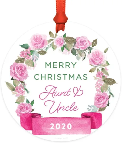 Miniatura 35 de Andaz Press Adorno de Navidad de madera grabado con láser para aniversario de boda, 1 año juntos, Navidad 2025, pancarta de flores rosas, 1 paquete