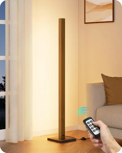 EDISHINE Lámpara de pie moderna de mediados de siglo con control remoto, lámpara de esquina LED de madera regulable, iluminación de ambiente Marrón