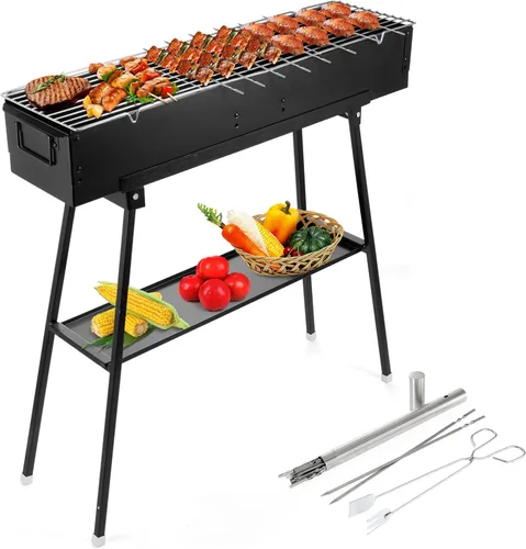 Miniatura 8 de IRONWALLS Parrilla portátil de carbón de 32 pulgadas, parrilla plegable de acero inoxidable negra para cocinar al aire libre, parrilla grande