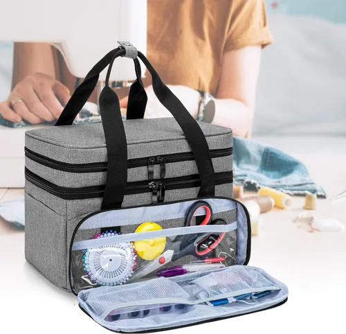 Miniatura 4 de BAFASO Organizador de accesorios de costura de doble capa con 2 bolsas desmontables, bolsa de almacenamiento grande para herramientas de costura Gris
