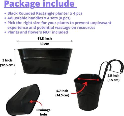 Miniatura 2 de LaLaGreen Jardinera de Barandilla para Exteriores (11.8 Pulgadas, Paquete de 4) Macetas Colgantes de Hierro Negro para Barandillas de Terraza Cubos