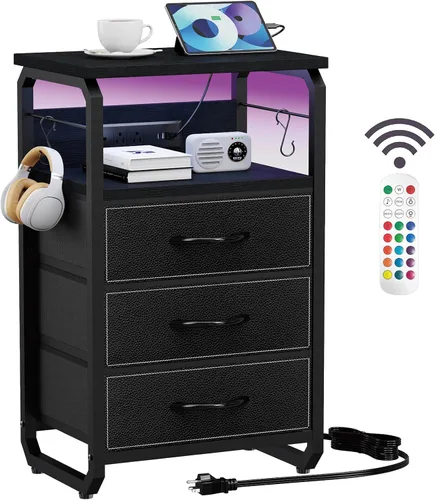 Miniatura 18 de runjuly Mesita de noche con luz, mesa auxiliar LED con cajones y estación de carga con puerto tipo C, pequeña mesa de noche con ganchos, cómoda