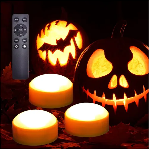 iZAN Paquete de 3 luces LED de calabaza a pilas con control remoto y temporizador, juego de velas parpadeantes brillantes sin llama para decoración