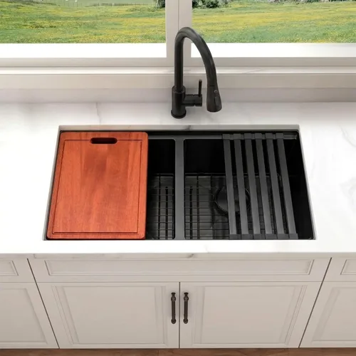 Miniatura 4 de Fregadero de Cocina de Doble Tazón 30" X 18", Fregadero de Cocina Negro de Montaje Inferior, Fregaderos Dobles de Montaje Inferior de Acero Acero