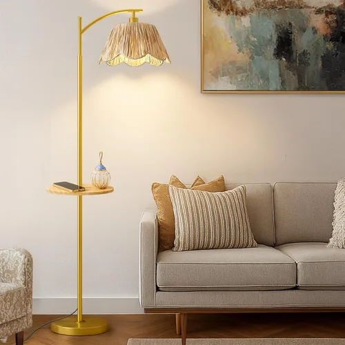 Miniatura 17 de Oneach Lámpara de pie arqueada para sala de estar, lámpara de pie de ratán boho con pantalla tejida a mano, interruptor a pedal, base y poste de Oro
