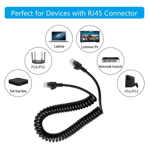 Miniatura 3 de Cable Ethernet Cat5e en espiral – Cable de red LAN RJ45 retráctil para laptops, escritorio, routers, decodificadores – estirable hasta 4.9 ft