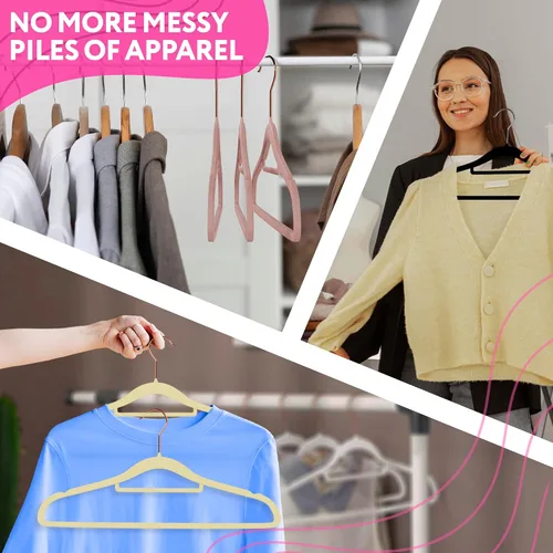 Miniatura 7 de Perchas de terciopelo, perchas antideslizantes para ropa, diseño fino rosa, gancho cromado giratorio de 360°, hombros con muescas, 17.5 pulgadas