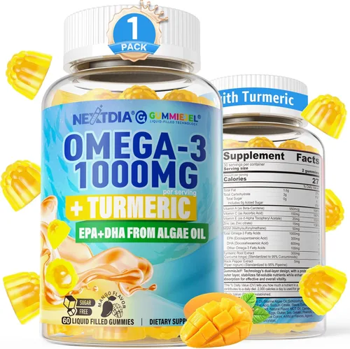 Miniatura 10 de Gomitas omega-3 + cúrcuma, alternativa de aceite de pescado Omega 3 para adultos, algas DHA de 600 mg y EPA 300 mg, vitaminas A, C, E, zinc y MSM