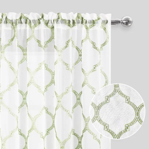 Miniatura 2 de DWCN - Cortinas traslúcidas verde salvia de lino sintético con diseño marroquí bordado - Cortinas de lino sintético semi voile para dormitorio