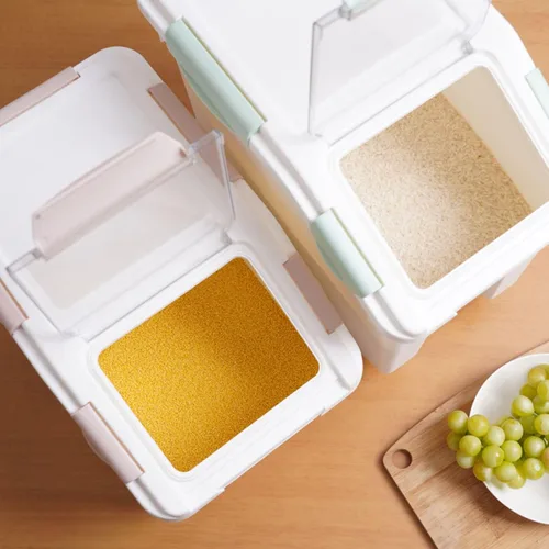 Miniatura 5 de Saim Recipiente de arroz de 25 libras, recipiente grande hermético de almacenamiento de harina con ruedas, taza medidora, paquete de 2 unidades por