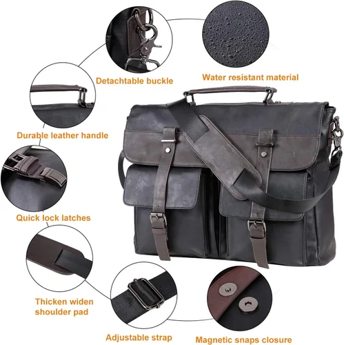 Miniatura 5 de Bolso bandolera de cuero para hombre, 14, 15.6, 17.3 pulgadas, bolso de cuero vintage para laptop, maletín, bolsa de trabajo grande