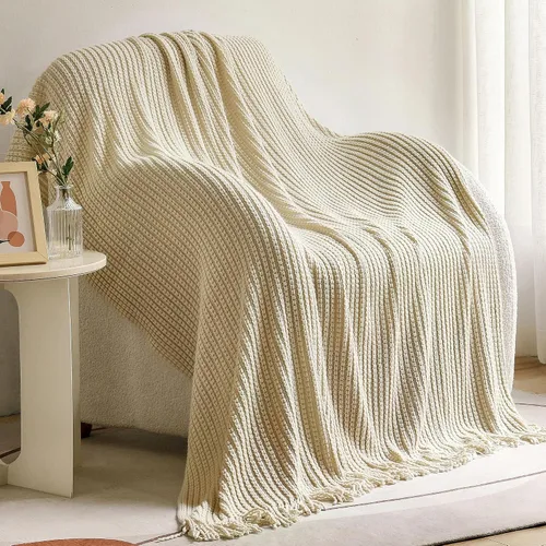 Blagic Manta de punto para sofá, manta suave de estilo bohemio para otoño con borlas, manta ligera decorativa para el hogar, manta beige para cama,