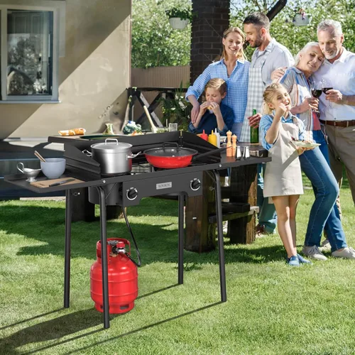 Miniatura 7 de ROVSUN Estufa de gas de propano portátil para exteriores con 2 quemadores, 150,000 BTU de alta presión, estufa de pie para cocinar en el patio