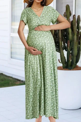 Miniatura 2 de OUGES Vestido largo de maternidad con cuello en V, para baby shower, para sesión de fotos