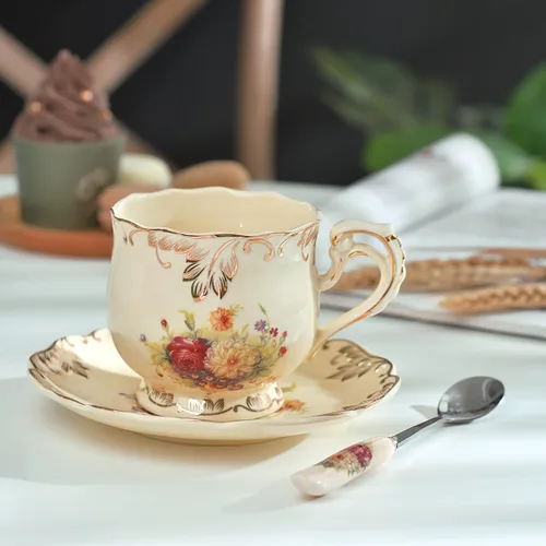 Miniatura 7 de YOLIFE Juego de taza de té y platillo, juego de taza de té de 8 oz, taza de té, taza de té de cerámica con platillo y cuchara, arbustos florecidos