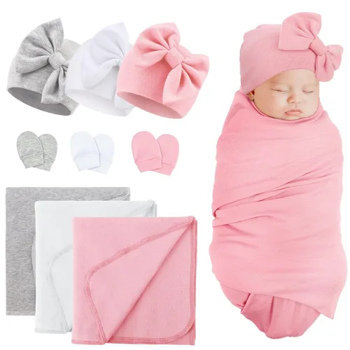 Miniatura 23 de DRESHOW BQUBO Manta para Recién Nacido con Sombrero de Moño y Guantes de Algodón, Manta de Envoltorio para Bebé Cálido, Saco de Dormir para Bebé