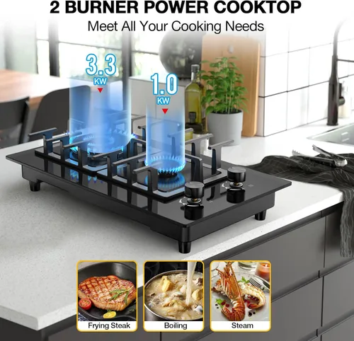 Miniatura 4 de Estufa de Gas de 2 Quemadores Tope de Cocina de Propano, Tope de Cocina de Gas de Vidrio Templado de 12 Pulgadas Quemador de Gas de Acero Inoxidable
