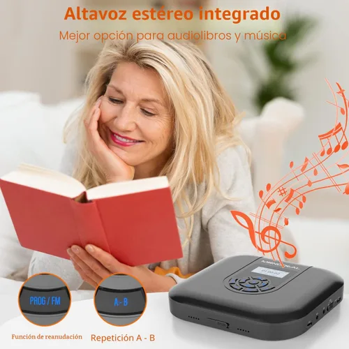 Miniatura 4 de Reproductor de CD portátil, reproductor de CD Bluetooth MONODEAL con altavoces y transmisor FM, reproductor recargable de 1800 mAh para automóvil
