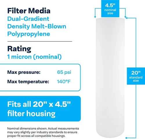 Miniatura 3 de SpiroPure SP-DD-2501-20BB 20x4.5 BB Cartucho de filtro de agua de polipropileno fundido fundido hilado de 1 micrón SDC-45-2001 DGD-2501-20 155360-43