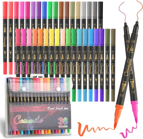 Juego de marcadores artísticos de 36 colores, 72 puntas finas y punta de pincel para libros de colorear para adultos, diario, tomar notas, letras y