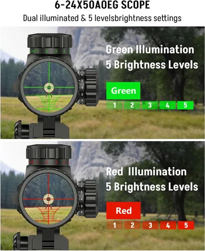 Miniatura 5 de MidTen Combo de alcance de rifle AO de 6-24x50, óptica de alcance doble iluminado con vista holográfica de punto rojo y verde, mira láser IIIA/2MW