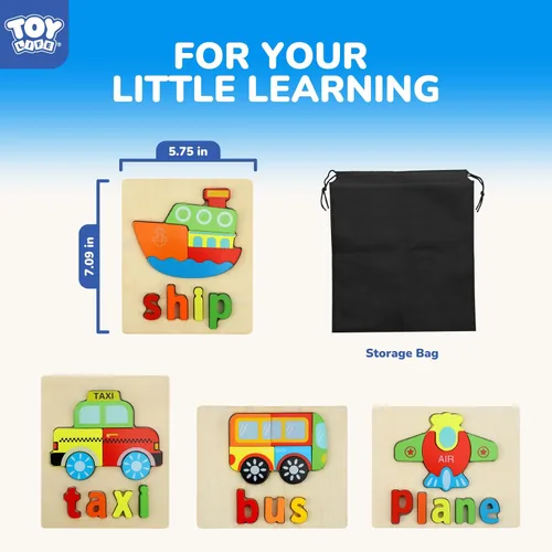 Miniatura 7 de TOY Life Rompecabezas para niños de 2 a 4 años, 4 vehículos con ortografía de madera para niños pequeños de 3 a 5 años, juguetes Montessori, regalos