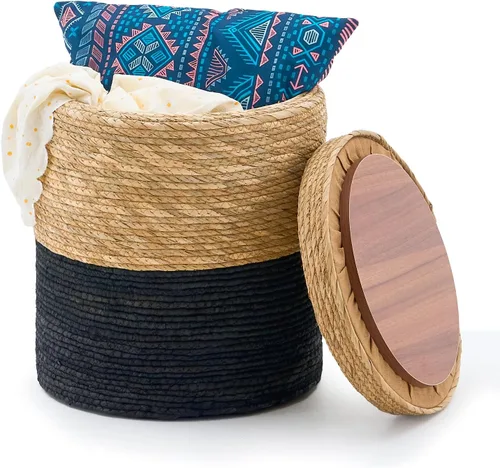 Miniatura 25 de Wimarsbon Taburete de pie de hierba marina natural, otomana redonda tejida a mano, para sala de estar, asiento al aire libre (natural)