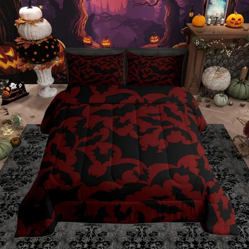Castle Fairy Juego de edredón de Halloween tamaño individual, juego de ropa de cama con estampado de animales de murciélagos negros para niños y