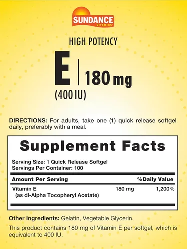 Miniatura 2 de Sundance Vitamina E 180 mg (400 UI) 100 cápsulas blandas de liberación rápida Fórmula de alta potencia Suplemento sin OMG y sin gluten