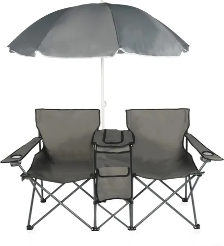 Miniatura 8 de Silla de picnic portátil doble, silla de campamento plegable con mesa para paraguas, soporte para bebidas, bolsa de transporte, mesa plegable
