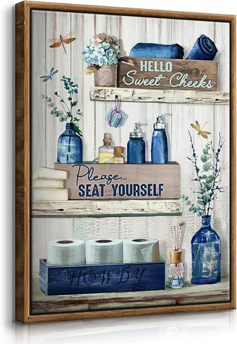 Miniatura 10 de BJVJKSU Arte de Pared Decoración de Baño Azul Marino Decoración de Pared Rústica de Lienzo Azul para Baño Letrero de Por Favor Siéntate Impresión