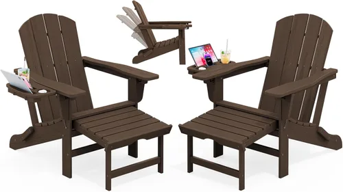 Miniatura 43 de KINGYES Silla Adirondack plegable ajustable con otomana retráctil, silla reclinable Adirondack de polietileno de alta densidad con soporte