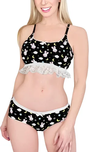 Littleforbig Lacy Trim Women Nightwear Strap Sleepwear Cami Top Shorts Lingerie Bralette Loungewear Set - Snuggle Bunny