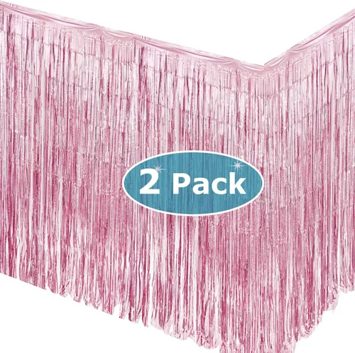 Miniatura 3 de allgala Paquete de 2 faldas de mesa de oropel rosa de 29 x 108 pulgadas con flecos metálicos para fiestas, eventos, desfiles, flotadores, decoración