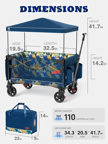 Miniatura 8 de EVER ADVANCED Vagón Cochecito de Viaje Plegable en Bolsa para 2 Niños y Carga, Vagón Plegable para Niños Pequeños con Toldo Extraíble, Arnés Zorro