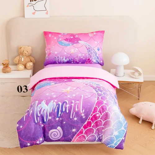 Miniatura 12 de ZRNBAST Juego de ropa de cama para niñas pequeñas de 4 piezas con cola de sirena, color rosa, turquesa, degradado, arco iris, colorido, ropa de cama