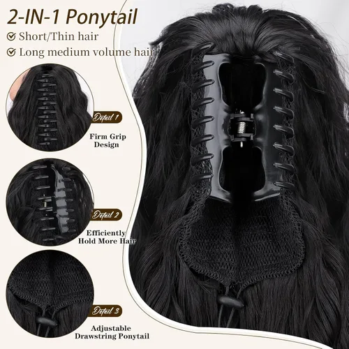 Miniatura 3 de ORSUNCER Extensión de cola de caballo de 18" con pinza rizada, cola de caballo esponjosa, extensiones de pelo sintético de aspecto natural para mujer