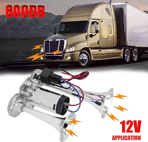 Miniatura 5 de Bocina de tren de 600 DB para camión, bocinas de tren para camionetas, kit de bocina de aire de trompetas dobles de 12 V, altavoz de barco, coche