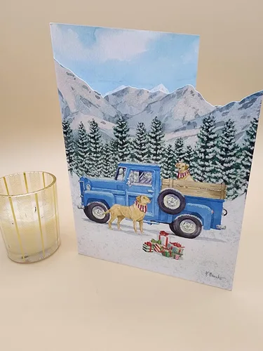 Miniatura 2 de LPG Greetings - Camioneta de camioneta azul: Golden Lab: Montañas cubiertas de nieve, caja de 12 tarjetas de Navidad troqueladas